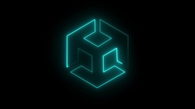 Glowing cyne Neon Abstract Geometric Cube Logo Animation on Black Background Futuristic Technology Loop 4K