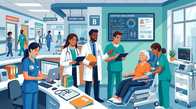 Hospital staff attending to patient in ward