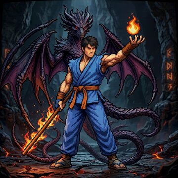 Retro 16-bit arcade game character a warrior holding fireball with dragon background