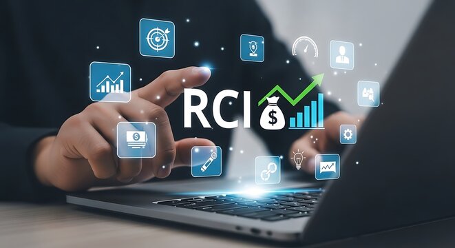 Business person using laptop with digital interface showing rci concept of return on capital invested and financial growth
