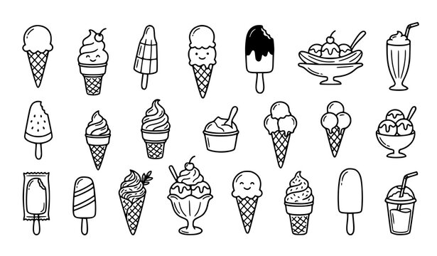 Assorted Ice Cream Sundae Popsicle and Milkshake Outline Icons Collection Vector Set