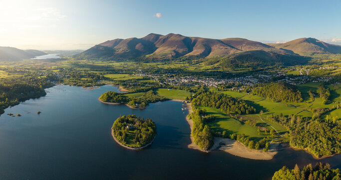 Aerial panoramic landscape of Keswick town and Derwentwater lake in the English Lake District