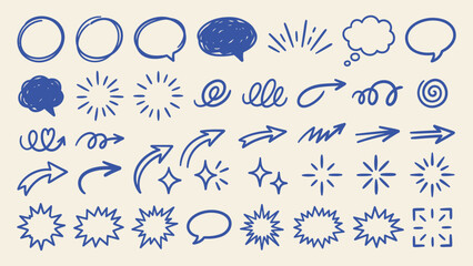 Hand drawn blue doodle elements vector set with arrows speech bubbles circles stars and sparkles for design decoration © Artastic