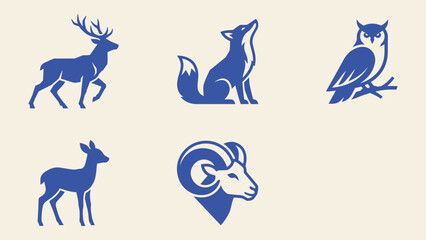 Obraz premium Minimalist wild animal logo icons set featuring deer fox owl doe and ram vector illustrations for branding and identity design
