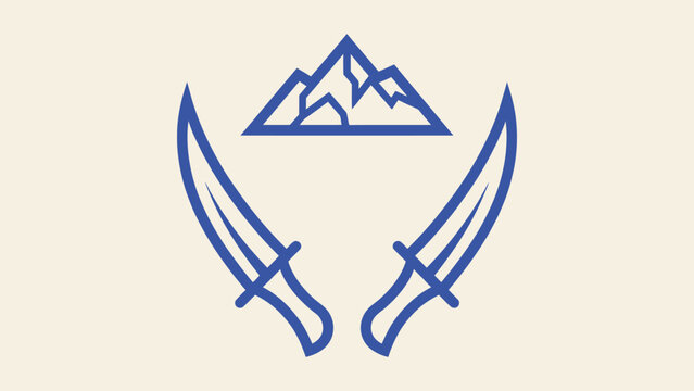 Minimalist vector emblem featuring two curved daggers and a mountain peak icon for adventure or outdoor brand logo