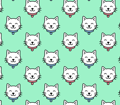 Fun cat repeat pattern design with mint background for boys and girls, seamless vector background 