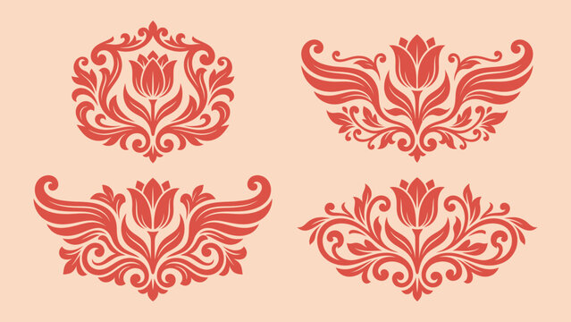 Symmetrical floral ornaments with tulip flowers and baroque scrolls vector set for luxury branding and invitation design