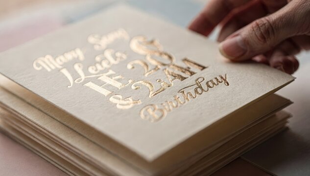 Closeup medium shot of milestone birthday cards being sorted focusing on elegant typography and gold foil details while the rest of the card display remains softly out of focus.
