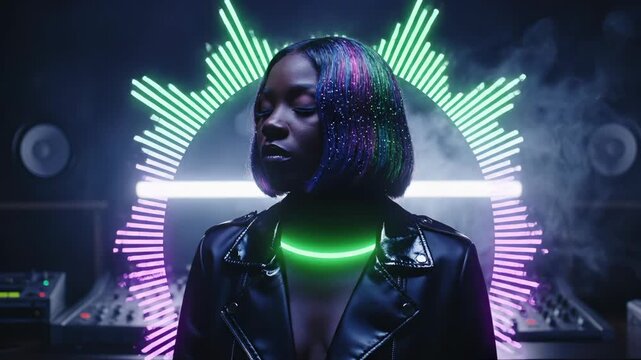 DJ with holographic hair performs in nightclub with neon equalizer display. Female DJ wears leather jacket with green neon collar in club. Woman DJs with rainbow hair and circular neon lights.