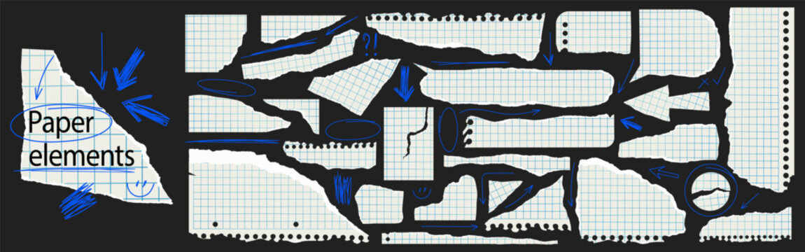Torn graph paper elements set with blue ball pen doodles. Ripped paper scraps for zine collage, memo, planner, journal. Back to school, education and scrapbook stickers. Vector illustration isolated