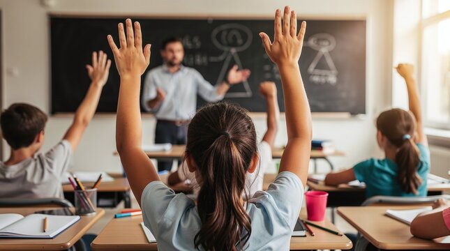 Students with raised hands eager to answer a question in a bright, modern classroom, signifying active learning, participation, and positive educational engagement