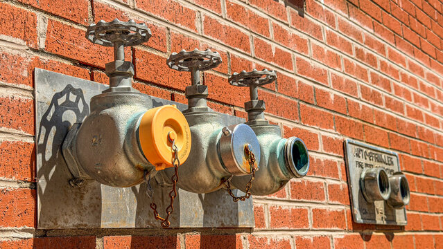 Three fire hydrants mounted to a red brick wall in a sunny area during the day