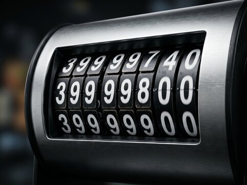Close-up of a mechanical counter display with spinning numbers in motion