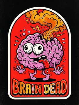 Retro groovy cartoon sticker of an overwhelmed chaotic brain character with smoke and tongue out