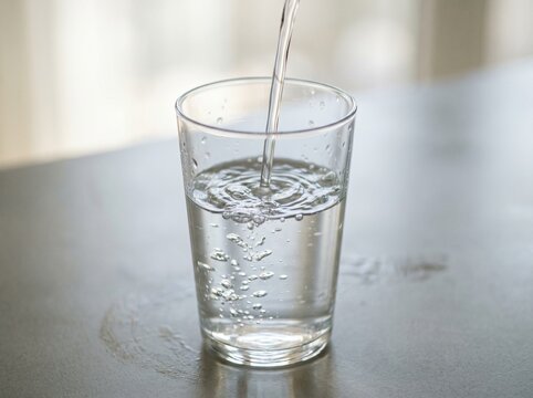 Glass being filled with clear liquid creating ripples