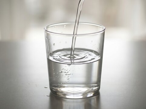 Glass being filled with clear liquid creating ripples