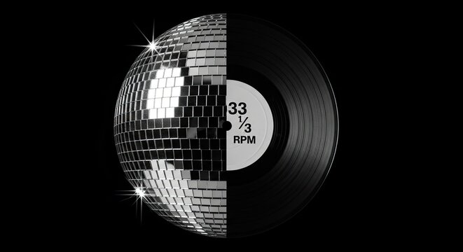 Retro vinyl record merged with sparkling disco ball facets.