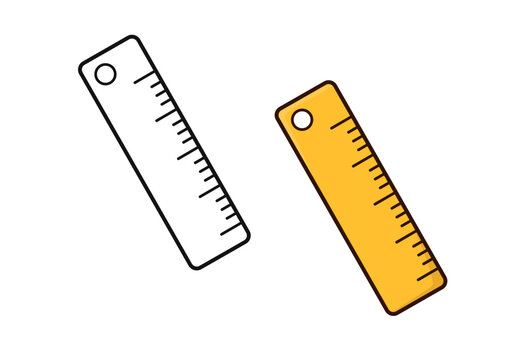 A simple, hand-drawn vector illustration of a standard measuring ruler, featuring an uncolored line art version beside a colored warm yellow version with distinct black measurement ticks.