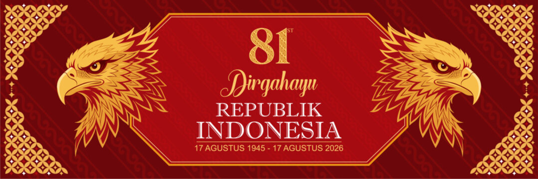 Indonesia Independence Day horizontal banner template. Features dual golden Garuda eagle profiles and a symmetrical traditional batik kawung frame on red. Translation: Happy 81st Anniversary Indonesia