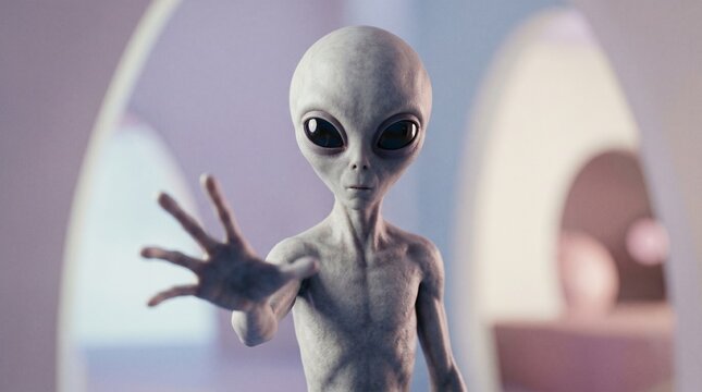 An alien creature stands in a futuristic room with arches, extending its hand.