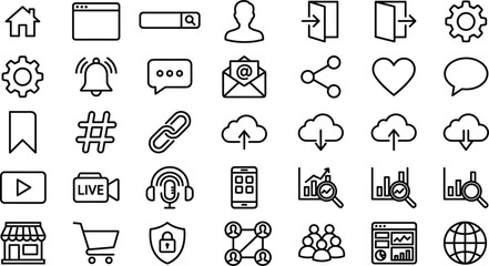 Web UI and social media thin line icon set featuring home search profile cloud upload download settings shopping cart and internet business communication vector illustrations. © MstSelina