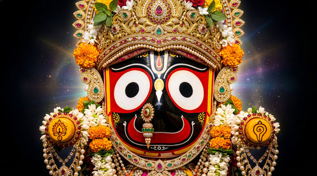 Lord Jagannath idol adorned with an intricate gold crown, jewels, and marigold garlands against a glowing cosmic background