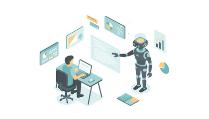 Fototapeta premium Collaborative data analysis session involving a human specialist and an intelligent robot partner reviewing project metrics on a digital screen.