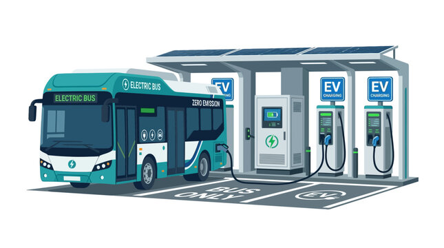 Electric bus charging at solar powered station, eco-friendly transport concept