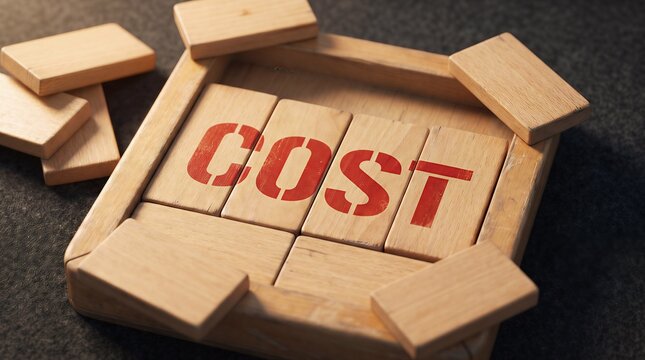 Red cost word printed on wooden puzzle blocks inside square frame with loose pieces scattered nearby showing financial management budget planning and expense reduction strategies.