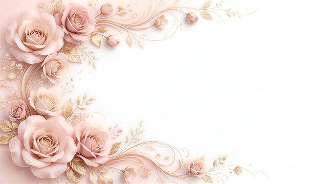 Elegant floral border graphic with beautiful pale blush pink rose flowers, with delicate golden leaves, flowing vines and curves on off-white background, exquisite and chic pastel floral wallpaper