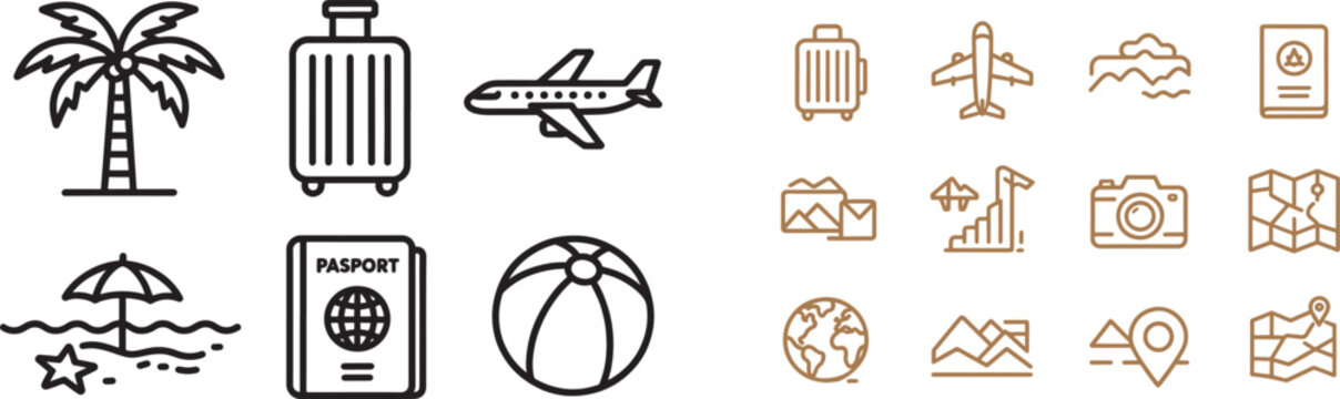 Travel and vacation vector icon set featuring airplane suitcase passport palm tree and camera for tourism and holiday planning