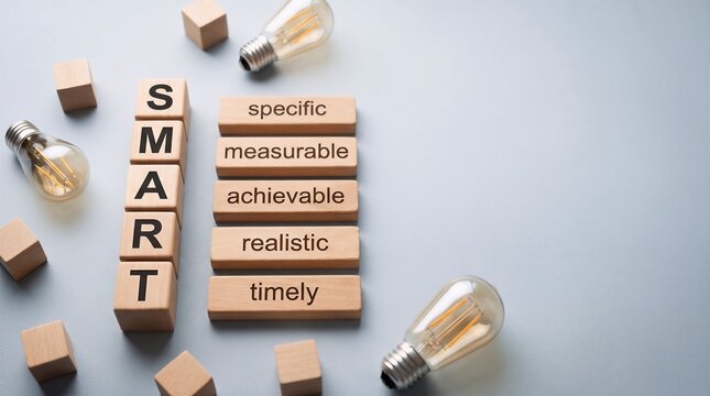 Smart goals written on wooden blocks with light bulbs business strategy planning development productivity objective lightbulb specific measurable achievable
