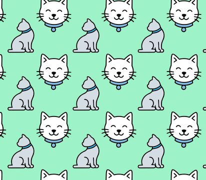 Vector seamless cat repeat pattern design with white kitty face and grey kitten 