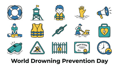 Fototapeta premium World Drowning Prevention Day Vector Icons Set with Water Safety and Rescue Elements