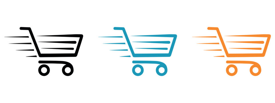 Set of three colorful fast shopping cart icons representing e-commerce and online retail speed.
