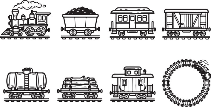 Vintage train cars and locomotive set illustration