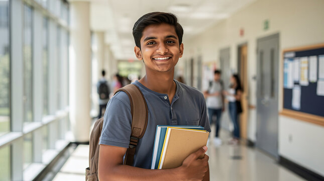 Confident young male student with backpack holds books and smiles brightly in school hallway, embodying a positive and bright future in education and successful learning at university