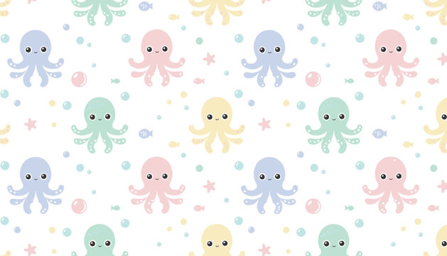 Adorable seamless pattern with small colorful octopuses, bubbles, fish, and starfish on a white background, perfect for baby shower decoration.