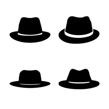 Four black fedora hats in grid arrangement - A clean, minimalist vector illustration showing four identical black fedora hats aligned in a 2x2 grid for design or branding use.