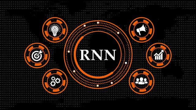 Rnn motion graphic animation with business icons on black background.