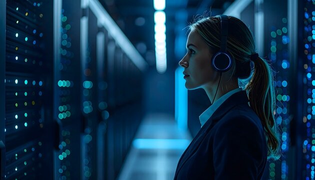 Side profile night shift operations supervisor in AI server room for cybersecurity presentation and technology campaign