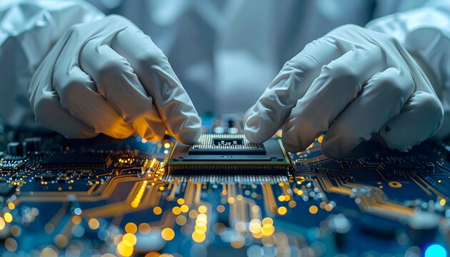 Gloved hands installing processor on motherboard for AI hardware presentation and semiconductor editorial
