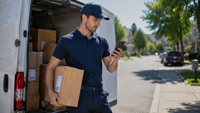 Delivery driver checking a mobile route application while carrying a parcel beside a cargo van on a sunny suburban street during summer