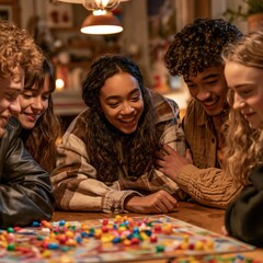 Fototapeta premium A group of friends in a great mood enjoy playing a board game together in a cozy indoor home setting filled with fun and laughter.