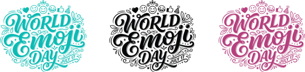 Fototapeta premium World emoji day typography set three colorful hand lettered designs with emoticons and floral elements