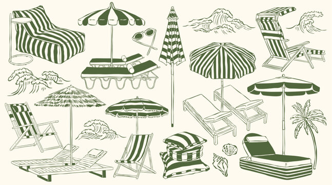 Sketch style collection of lounge chairs. Travel and vacation doodles.