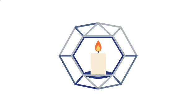 Simple vector illustration of a burning candle housed within a geometric blue wire frame lantern on a plain white background.