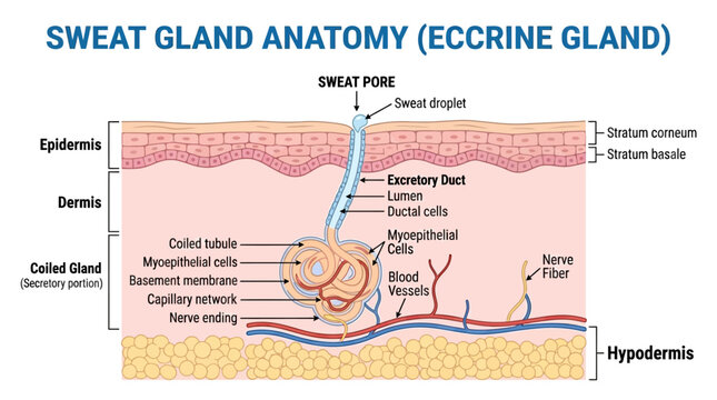Detailed anatomical illustration of an eccrine sweat gland with labeled components, set against a white background.