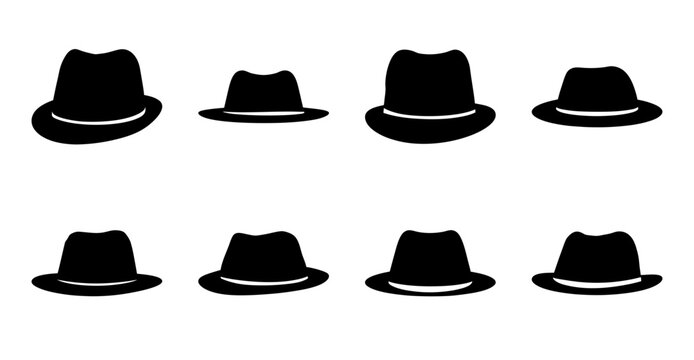 Eight stylish black fedora hats flat design - Collection of eight black fedora hats shown in flat, minimalist style with clean outlines for versatile graphic use.