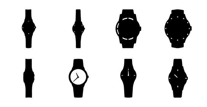 Modern black and white watch designs collection - A stylish set of eight minimalist watch designs in black and white, showcasing different styles from analog to digital.
